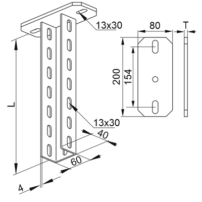 Lunghezza staffa a soffitto 600mm