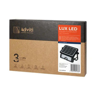 LUX LED 5W, solární reflektor s pohybovým senzorem 500lm, IP65, 4000K, 2x1500mAh, černý