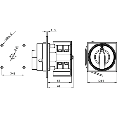 Main switch 25A, panel mounting, yellow-red lockable front