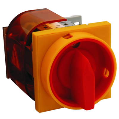 Main switch 25A, panel mounting, yellow-red lockable front
