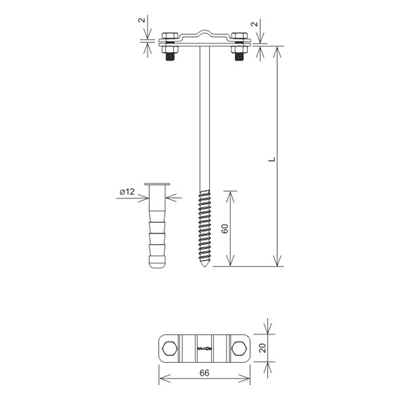 Mango atornillable con tapón de expansión y tornillo M12 L=21 cm, galvanizado en caliente