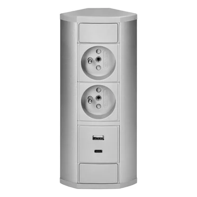 Möbelsteckdose 2x2P+Z, 2xUSB (Typ A+C; 2,4 A), grau-silber