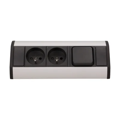 Möbelsteckdose 2x2P+Z mit Schalter, schwarz und silber