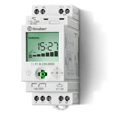 Modulares Dämmerungsrelais mit einem Sensor mit Tagesuhr 1P + Hilfsausgang 16A 230V AC 1-150lx IP20/IP54