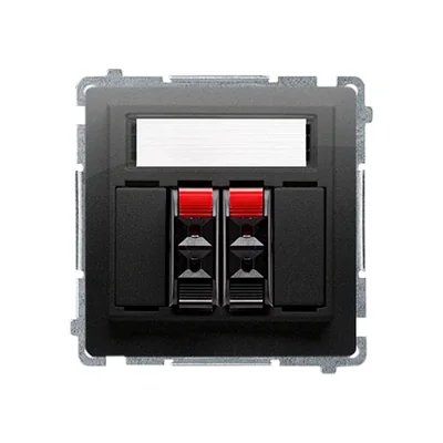 Module de prise haut-parleur 2 voies Simon Basic WMUG-02000x-Y011 avec zone d'étiquetage. Section des câbles d'entrée et de sortie : 2,5 mm². Fixation par clips et vis ; noir.