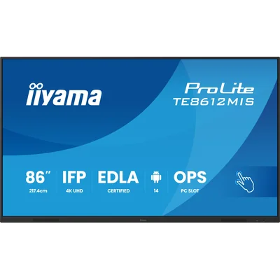 Moniteur interactif iiyama TE8612MIS-B4AG 86" IPS LED 4K 8/128 Go iiware13e, Android 14 EDLA, WiFi 6, LAN, DMS, 24/7