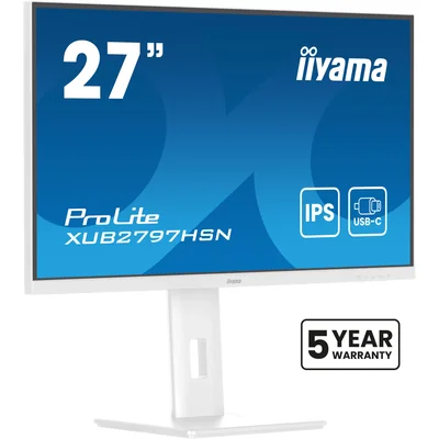 Monitor blanco iiyama ProLite XUB2797HSN-W2 de 27" IPS LED, 1 ms, 100 Hz, HDMI, puerto USB-C integrado, LAN, sin parpadeo