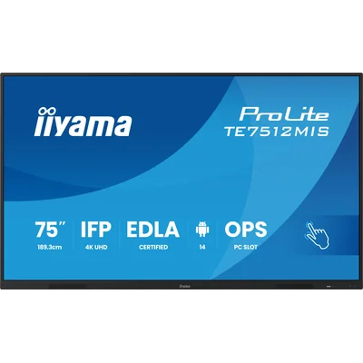 Monitor interaktywny iiyama TE7512MIS-B4AG 75" VA DLED 4K 8/128GB iiware13e, Android14 EDLA, WiFi6, Lan, DMS, 24/7
