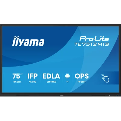 Monitor interaktywny iiyama TE7512MIS-B4AG 75" VA DLED 4K 8/128GB iiware13e, Android14 EDLA, WiFi6, Lan, DMS, 24/7