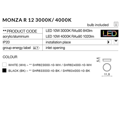 MONZA R 12 3000K Lampada da soffitto bianca