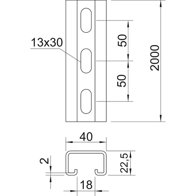 MS4022P2000FT Carril de perfil perforado, ancho de sellado 18 mm