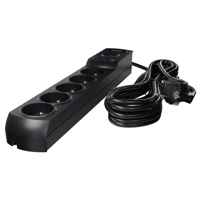 Multipresa con fusibile e sistema di protezione da sovratensione professionale, 5 prese, lunghezza 1,5 m, 10A 230V 2300W, nero