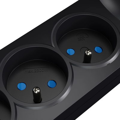 Multipresa con fusibile e sistema di protezione da sovratensione professionale, 5 prese, lunghezza 3m, 10A 230V 2300W, nero