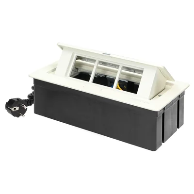 Nábytková kazeta NOEN zapuštěná do desky stolu s integrovaným PVC rámem pro modulární zásuvky 3 x 45x45 mm nebo 6 x 22,5x45 mm, kabel 1,5 m, bílá