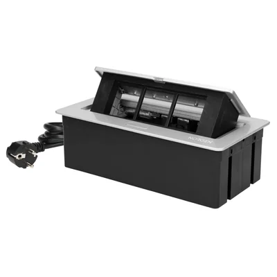 Nábytková kazeta NOEN zapuštěná do desky stolu s integrovaným PVC rámem pro modulární zásuvky 3 x 45x45 mm nebo 6 x 22,5x45 mm, kabel 1,5 m, stříbrná
