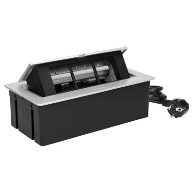 Nábytková kazeta NOEN zapuštěná do desky stolu s integrovaným PVC rámem pro modulární zásuvky 3 x 45x45 mm nebo 6 x 22,5x45 mm, kabel 1,5 m, stříbrná