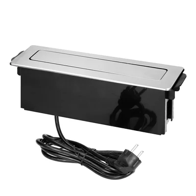 Nábytková zásuvka vyčnívající z desky stolu s plochým frézovaným okrajem, USB nabíječka a 2m kabel, 3x2P+Z, 2 x USB (typ A, 2,4A), 3x1,5mm2, černo-stříbrná, INOX