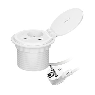 Nábytková zásuvka zapuštěná do desky stolu s indukční nabíječkou, USB nabíječka, 1G/U, bílá