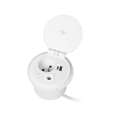 Nábytková zásuvka zapuštěná do desky stolu s indukční nabíječkou, USB nabíječka, 1G/U, bílá