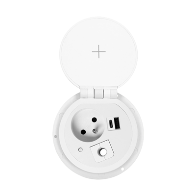Nábytková zásuvka zapuštěná do desky stolu s indukční nabíječkou, USB nabíječka, 1G/U, bílá