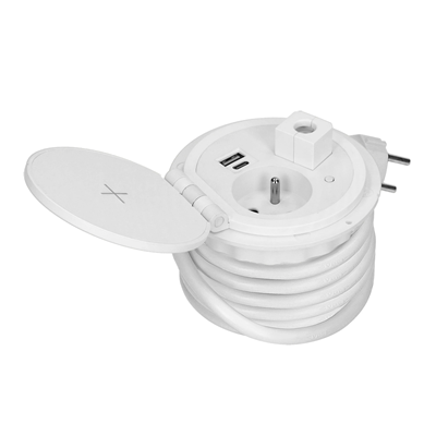 Nábytková zásuvka zapuštěná do desky stolu s indukční nabíječkou, USB nabíječka, 1G/U, bílá