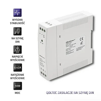 Napájecí zdroj na DIN lištu Qoltec | 10W | 24V | 0,42A | Bílý | Tenký