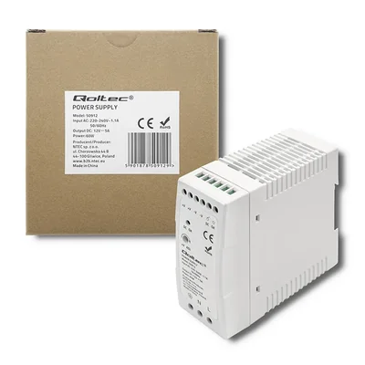 Napájecí zdroj na DIN lištu Qoltec | 60W | 12V | 5A | Bílý | Tenký