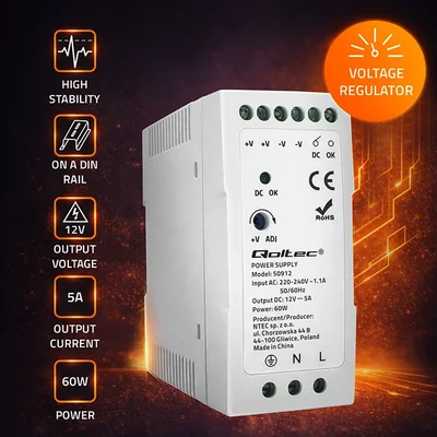 Napájecí zdroj na DIN lištu Qoltec | 60W | 12V | 5A | Bílý | Tenký