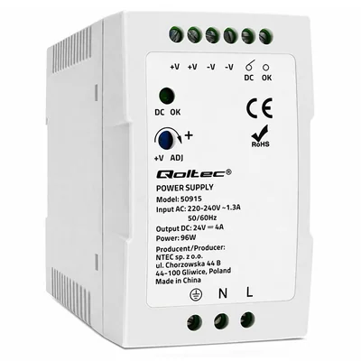 Napájecí zdroj na DIN lištu Qoltec | 96W | 24V | 4A | Bílý | Tenký