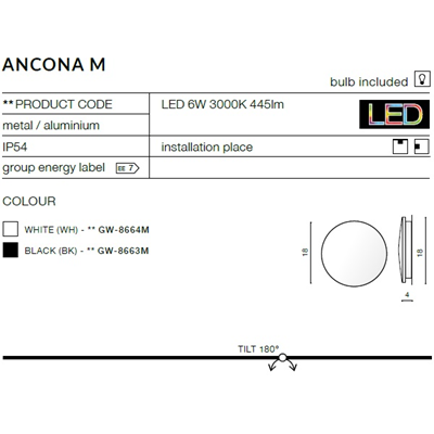Настінний світильник ANCONA M 9W 700LM 3000K IP54 білий