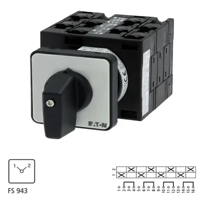 Netzschalter T3-4-8223/E, Kontakte: 8, 32 A, Typ: 1-2, 90°, rastend, Aufputzmontage, schwarzer Drehknopf, nicht verriegelnd