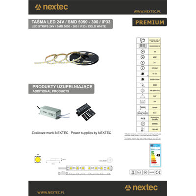 NEXTEC LED strip PREMIUM 24V 300 SMD 5050 5m 10mm IP33 CW