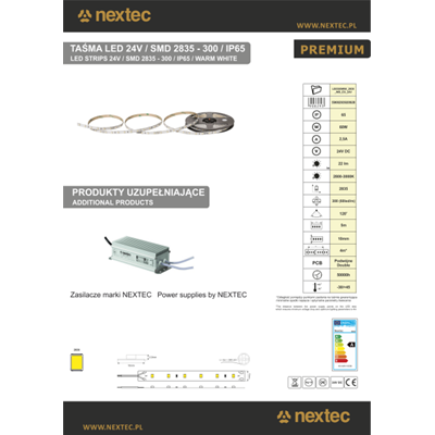 NEXTEC PREMIUM Tira LED 24V 300 SMD 2835 5m 10mm IP65 WW