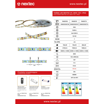 NEXTEC ST Striscia LED 12V 2835 9.6W 120 LED IP63 6200K 768lm/m 85lm/W 5m
