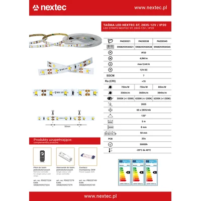 NEXTEC ST Tira LED 12V 2835 4,8W 60 LED IP20 4200K 360lm/m 75lm/W 5m