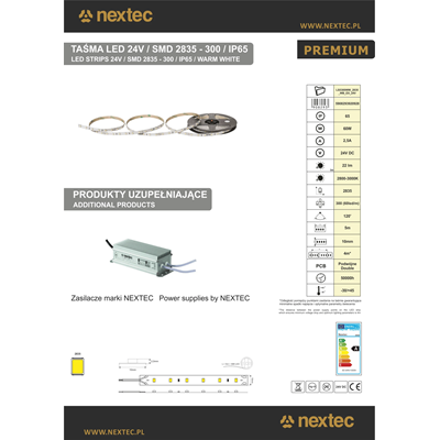 NEXTEC Taśma LED PREMIUM 24V 300 SMD 2835 5m 10mm IP65 WW