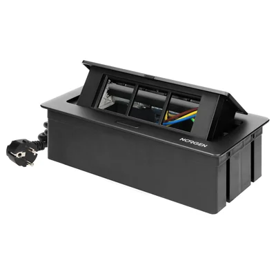NOEN Möbelkassette, eingelassen in die Tischplatte, mit integriertem PVC-Rahmen für modulare Steckdosen 3 x 45 x 45 mm oder 6 x 22,5 x 45 mm, 1,5 m Kabel, schwarz