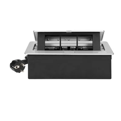 NOEN Möbelkassette, eingelassen in die Tischplatte, mit integriertem PVC-Rahmen für modulare Steckdosen 3 x 45 x 45 mm oder 6 x 22,5 x 45 mm, 1,5 m Kabel, silber