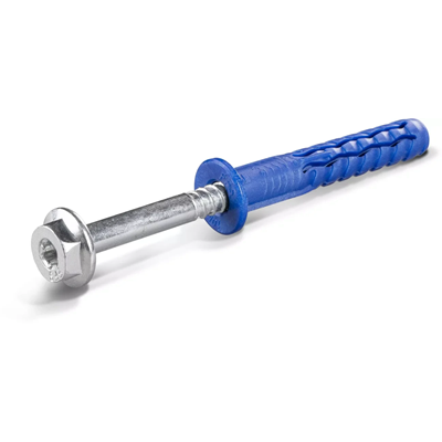 Nylon frame dowel with the shortest expansion zone and collar with galvanized hexagonal head screw 10x50mm