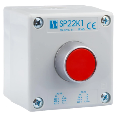 One-hole control box red, 1 normally closed contact gray IP65 1x membrane M20