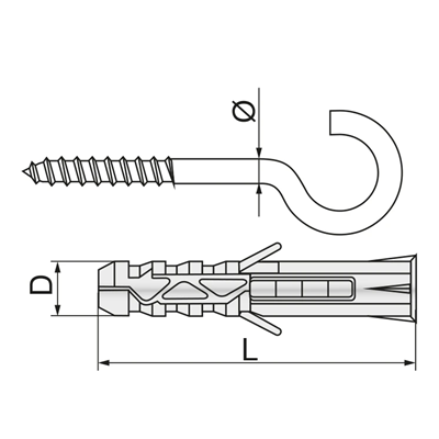 Open expansion hook pin, galvanized, diameter 6mm, length 4mm, thread 4mm
