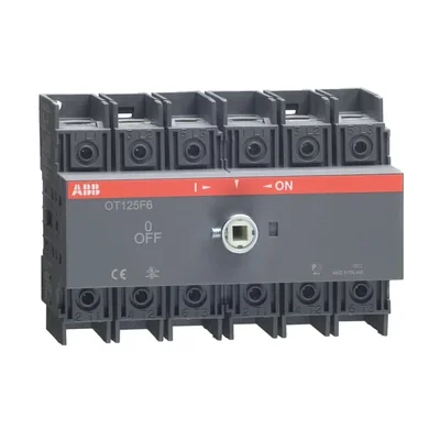 OT125F6 Lasttrennschalter 125 A, 6-polig, Frontantrieb, ohne Welle und Griff, IP20-Anschlussabdeckung, Platten- oder DIN-Schienenmontage