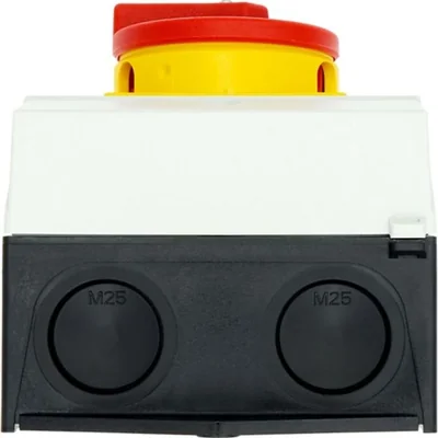 P1-25/I2/SVB/N Main switch, 3 pole + N, 25 A, emergency stop function, padlockable in the Off position, in IP65 enclosure, red-yellow knob with padlockable function