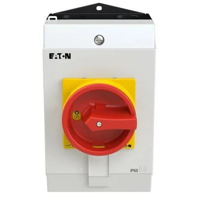 P1-25/I2/SVB/N Main switch, 3 pole + N, 25 A, emergency stop function, padlockable in the Off position, in IP65 enclosure, red-yellow knob with padlockable function