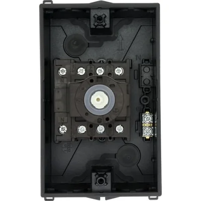 P1-25/I2/SVB/N Main switch, 3 pole + N, 25 A, emergency stop function, padlockable in the Off position, in IP65 enclosure, red-yellow knob with padlockable function