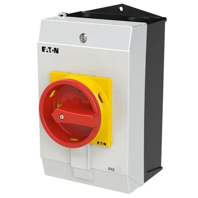 P1-25/I2/SVB/N Main switch, 3 pole + N, 25 A, emergency stop function, padlockable in the Off position, in IP65 enclosure, red-yellow knob with padlockable function