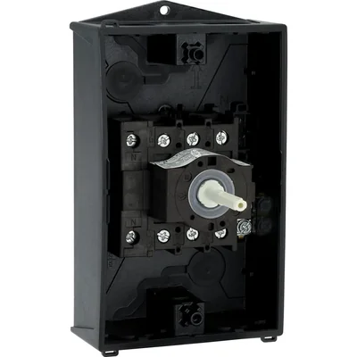 P1-25/I2/SVB/N Main switch, 3 pole + N, 25 A, emergency stop function, padlockable in the Off position, in IP65 enclosure, red-yellow knob with padlockable function
