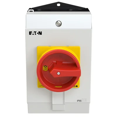 P1-25/I2/SVB/N Main switch, 3 pole + N, 25 A, emergency stop function, padlockable in the Off position, in IP65 enclosure, red-yellow knob with padlockable function