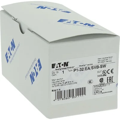 P1-32/EA/SVB-SW Main switch, 3 pole, 32 A, emergency stop function, padlockable in the Off position, surface mounting, black knob with padlockable function