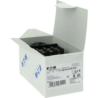 P1-32/EA/SVB-SW Main switch, 3 pole, 32 A, emergency stop function, padlockable in the Off position, surface mounting, black knob with padlockable function
